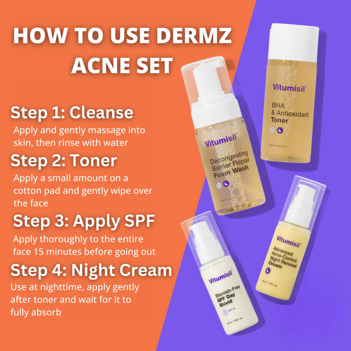Dermz Acne Treatment - Acne Cream, SPF Face Protection, Face wash & Toner - Set of 4