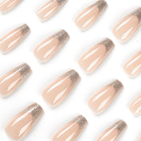 Ceboic 24Pcs Press on Nails Long Coffin French Tip False Nails Pink Gold Shiny Glossy Glue on Nails with Glitter Design 12 Sizes Artificial Stick on Nails for Women Girls DIY Manicure Decorations