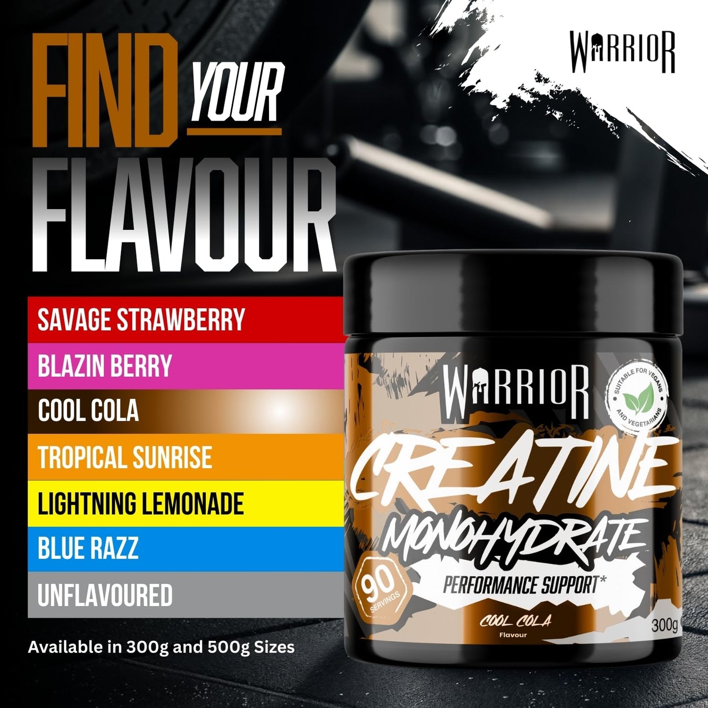 Warrior Flavoured Creatine Monohydrate Powder 300g (90 Servings) – Creatine Powder Drink, Creatine for Performance, Strength & Recovery (Not Creatine Gummies or Tablets) – Cool Cola