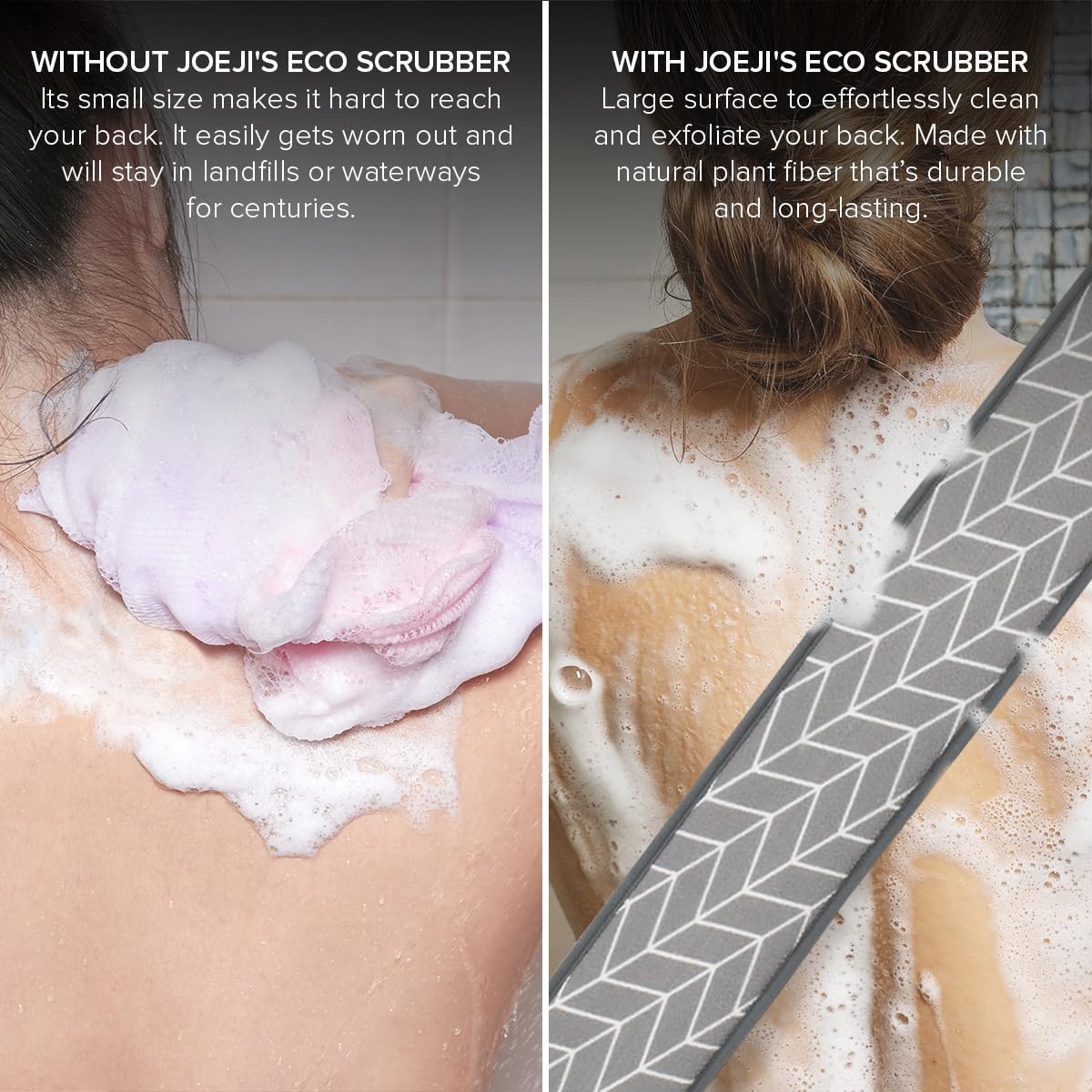 Joeji's Joejis Back Scrubber for Shower - Eco-Friendly Natural Plant Fibre Vegan Exfoliating Cleansing Loofah Strap - Double Side Bath Scrub Accessory with Handle