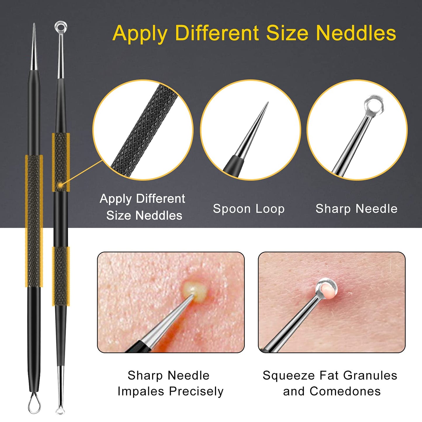 Boxoyx Pimple Popper Tool Kit - 10Pcs Blackhead Remover Comedone Extractor Tool Kit with Metal Case for Quick and Easy Removal of Pimples, Blackheads, Zit Removing, Forehead, Facial and Nose(Black)