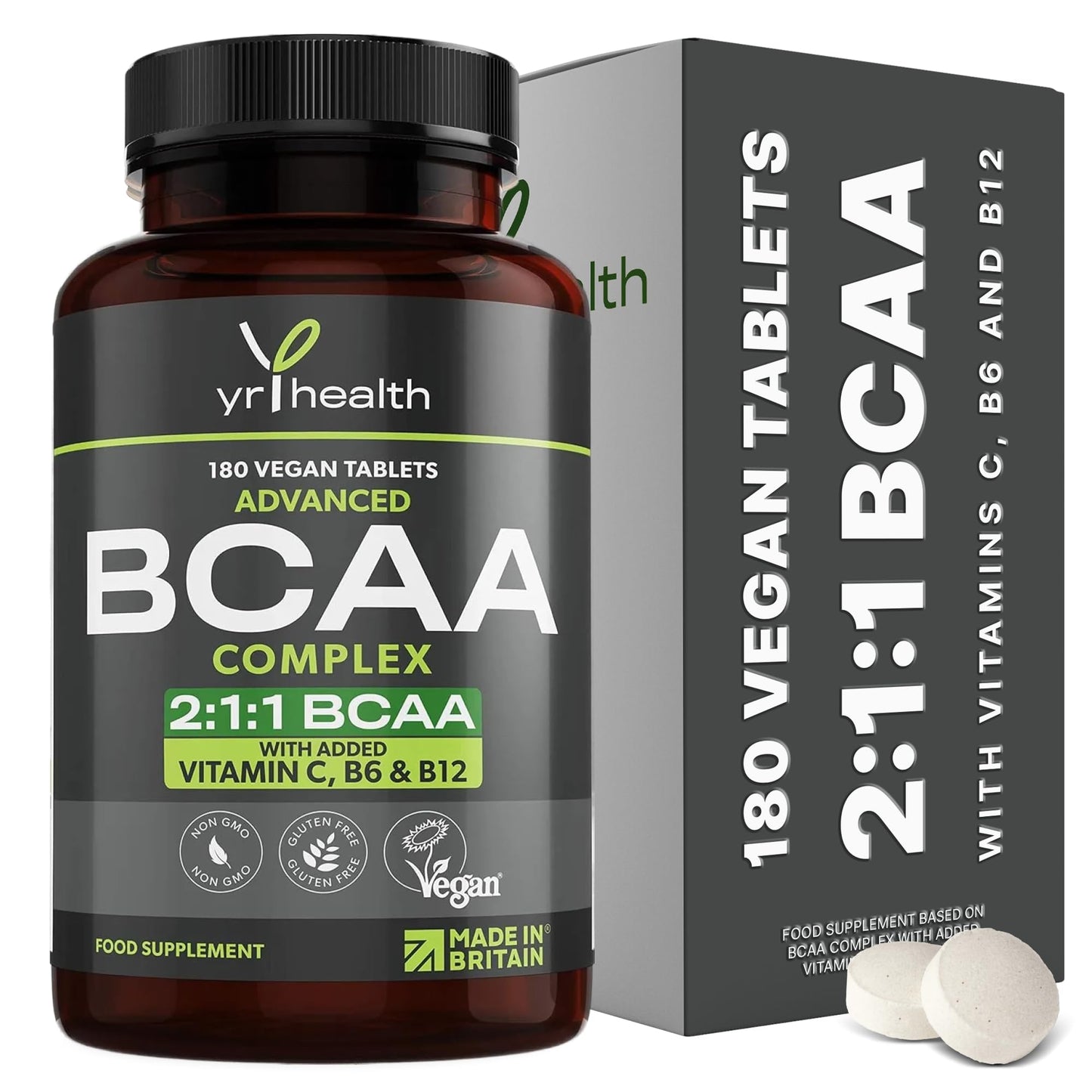 yrhealth Vegan BCAA Tablets 1500mg - 2:1:1 BCAAs Branch Chain Amino Acids L-Leucine, L-Isoleucine, L-Valine with Vitamin B6, C & B12-180 Tablets not Capsules - Made in The UK by YrHealth