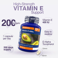 Zipvit Vitamin E Capsules 400IU, Natural D-Alpha Tocopherol, Supports Cell Protection from Oxidative Stress, 200 Capsules, Vitamin E Supplement