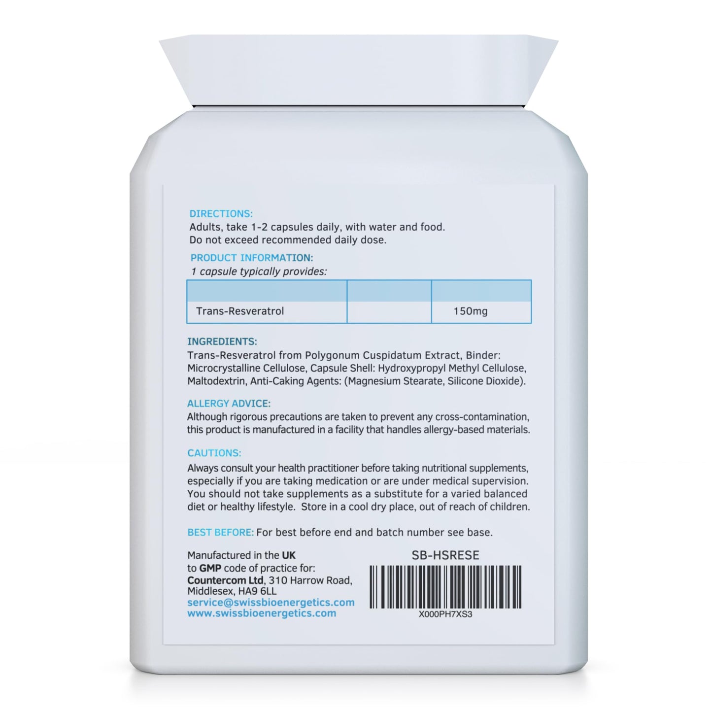 swiss bioenergetics Ultra-Resveratrol 150mg 90 Capsules - High Strength 150mg Trans Resveratrol - High Potency Targeted Release Antioxidant Supplement