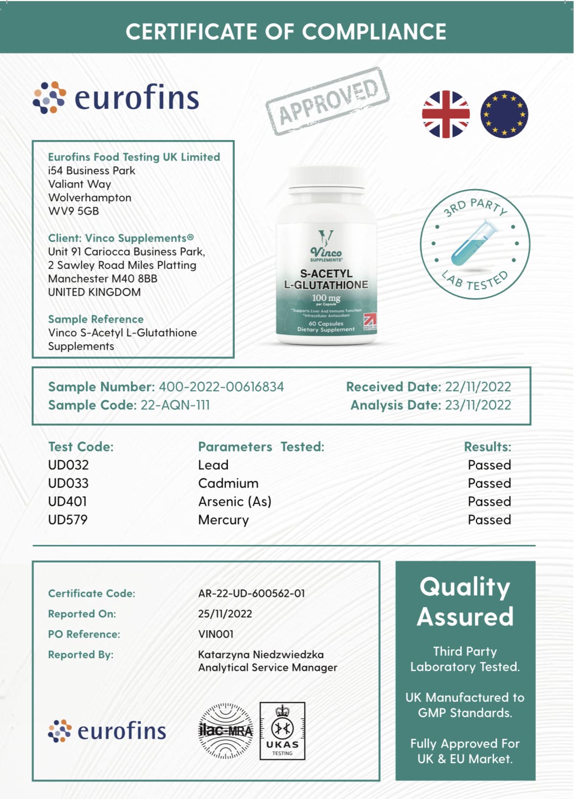 Vinco Supplements Vinco S-Acetyl L-Glutathione Supplement, 60 L-Glutathione Capsules, Antioxidant Supplement, Support Immune System & Neuron Health- 100mg per Serving, Protects Liver Function - Non-GMO & Gluten Free