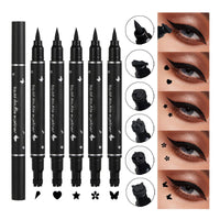 MINSHZEE Liquid Eyeliner, 5 Pcs Black Liquid Eyeliner Stamp Pen Set, Dual Tip Waterproof and Smudge-proof, Black Eyeliner Tattoo Makeup Tool, 5 Decorative Shapes (Heart, Flower, Star, Butterfly, Triangle Stamp