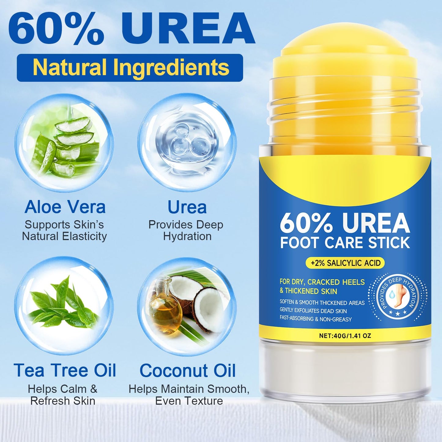 NBXINSLF 60% Urea with 2% Salicylic Acid Urea Foot Care Stick, Foot Cream Moisturizer for Dry Cracked Feet, Knees, Elbows, Hands,Moisturizes and Hydrates the Dry Skin,Callus Remover & Skin Softener -1.41oz