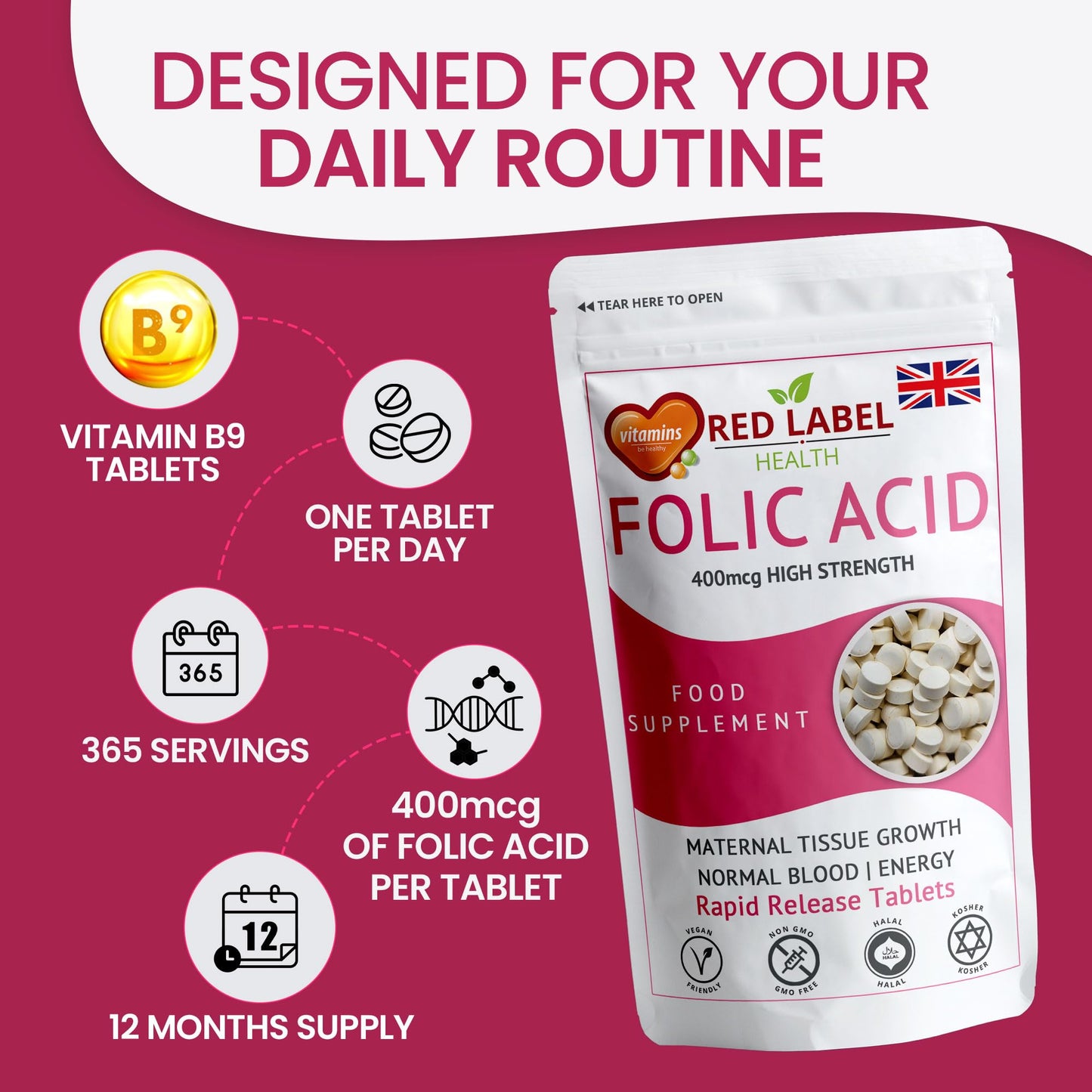 Red Label Health Folic Acid 400 mcg Tablets, 120 Vitamin B9 Tablets (4 Months Supply), Folate Fertility Supplement for Women, Vegan, Vegetarian, Supports Maternal Tissue Growth, Made in The UK