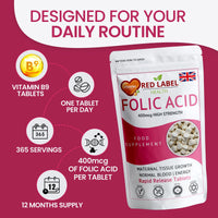 Red Label Health Folic Acid Tablets 400 mcg - 400 Vegan Vitamin B9 Tablets Pregnancy Care - Normal Function of Immune System & Maternal Tissue Growth During Pregnancy - Made in The UK