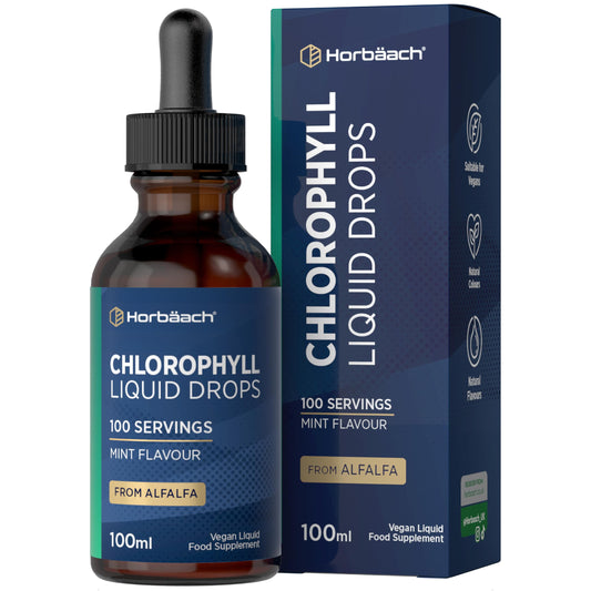Horbäach Liquid Chlorophyll Drops for Water Extracted from Alfalfa | 100ml - 3+ Months Supply | 100 Servings | Mint Flavour | Vegan Liquid Food Supplement | by Horbaach