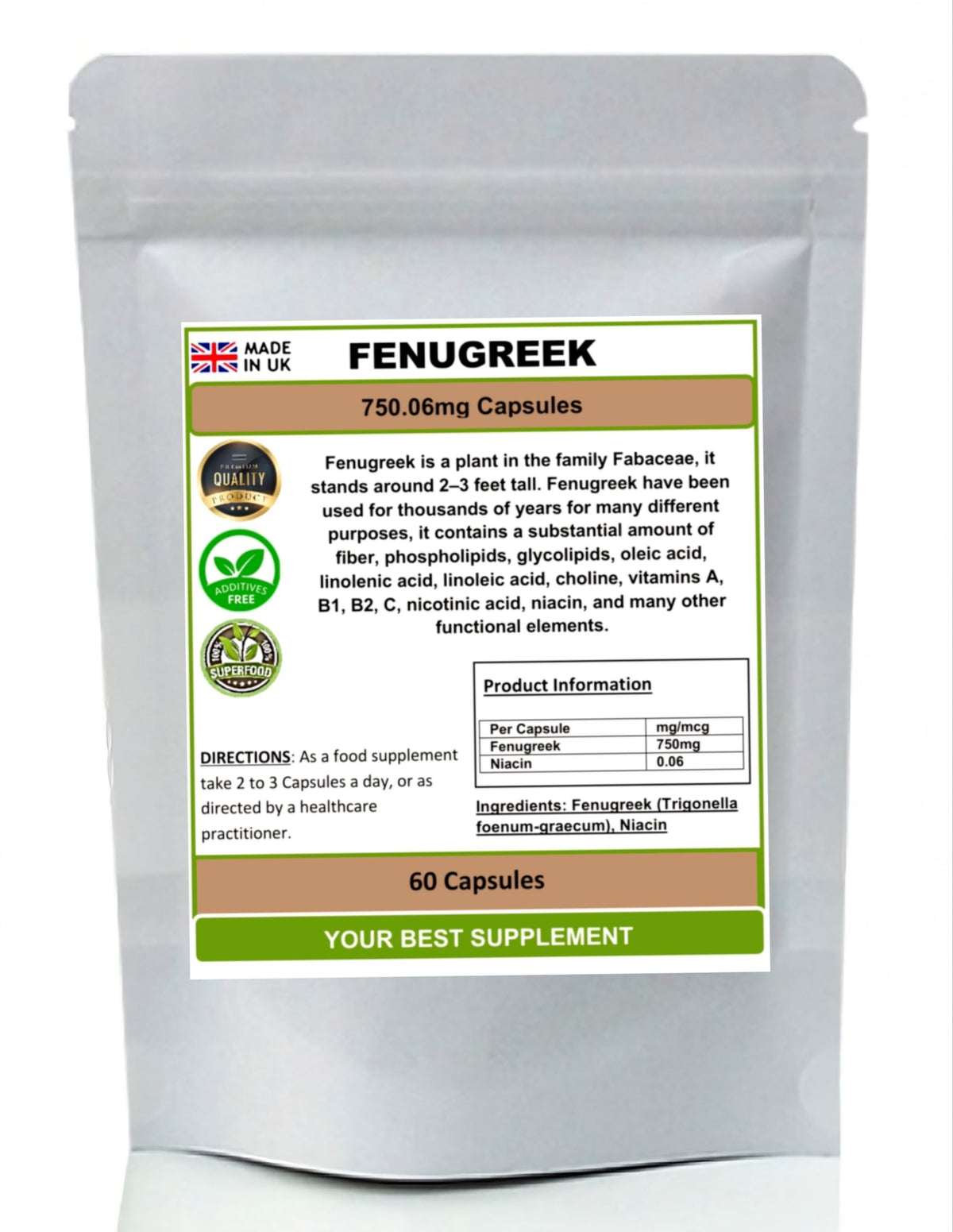 Your Best Supplement Fenugreek Capsules 750mg 100% Natural (No additive No Fillers) High Strength (60)