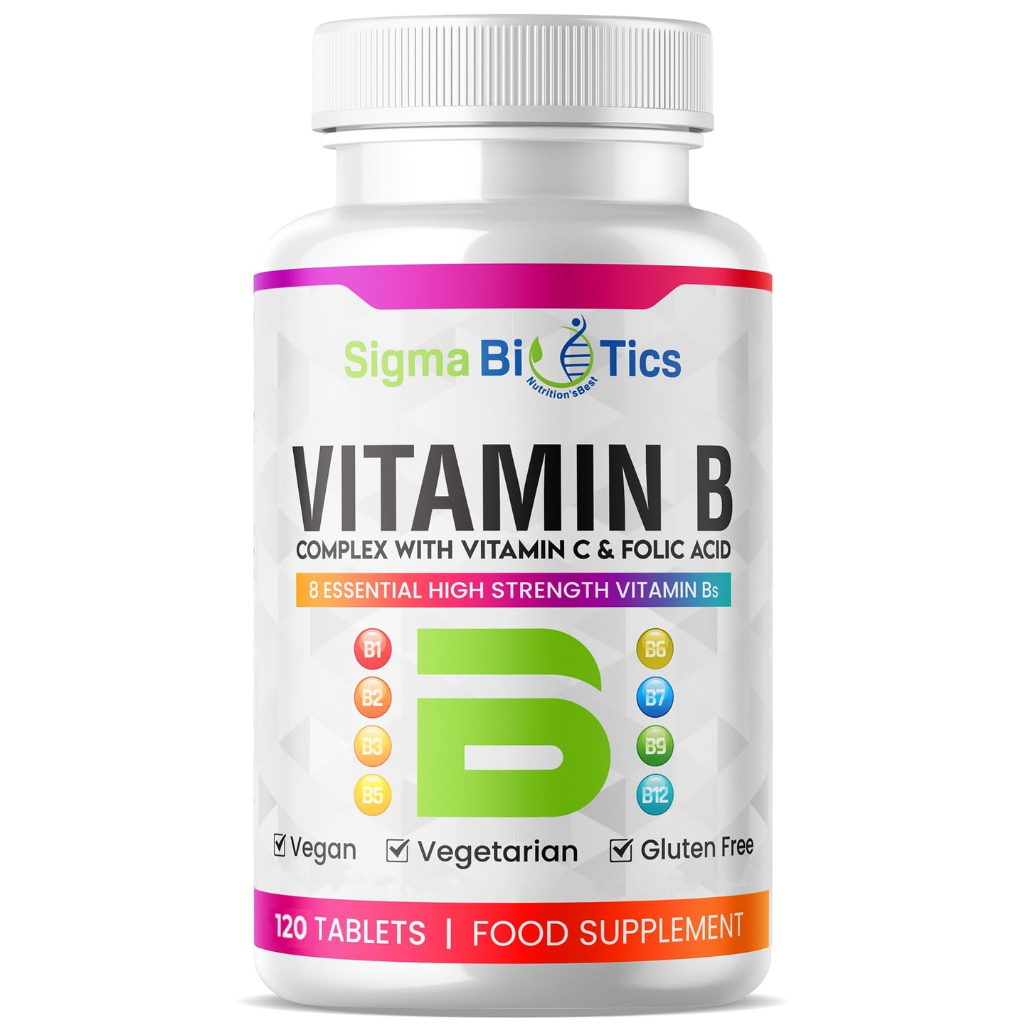 SigmaBiotics Vitamin B Complex Tablets - Blend of 8 B Vitamins & Vitamin C - Folic Acid, B1, B2, B3, B5, B6 and Vitamin B12 Supplement - Vegan & Gluten Free - 120 Tablets