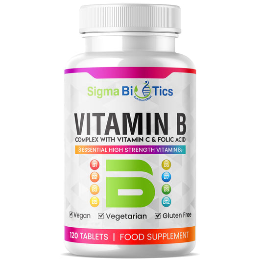 SigmaBiotics Vitamin B Complex Tablets - Blend of 8 B Vitamins & Vitamin C - Folic Acid, B1, B2, B3, B5, B6 and Vitamin B12 Supplement - Vegan & Gluten Free - 120 Tablets