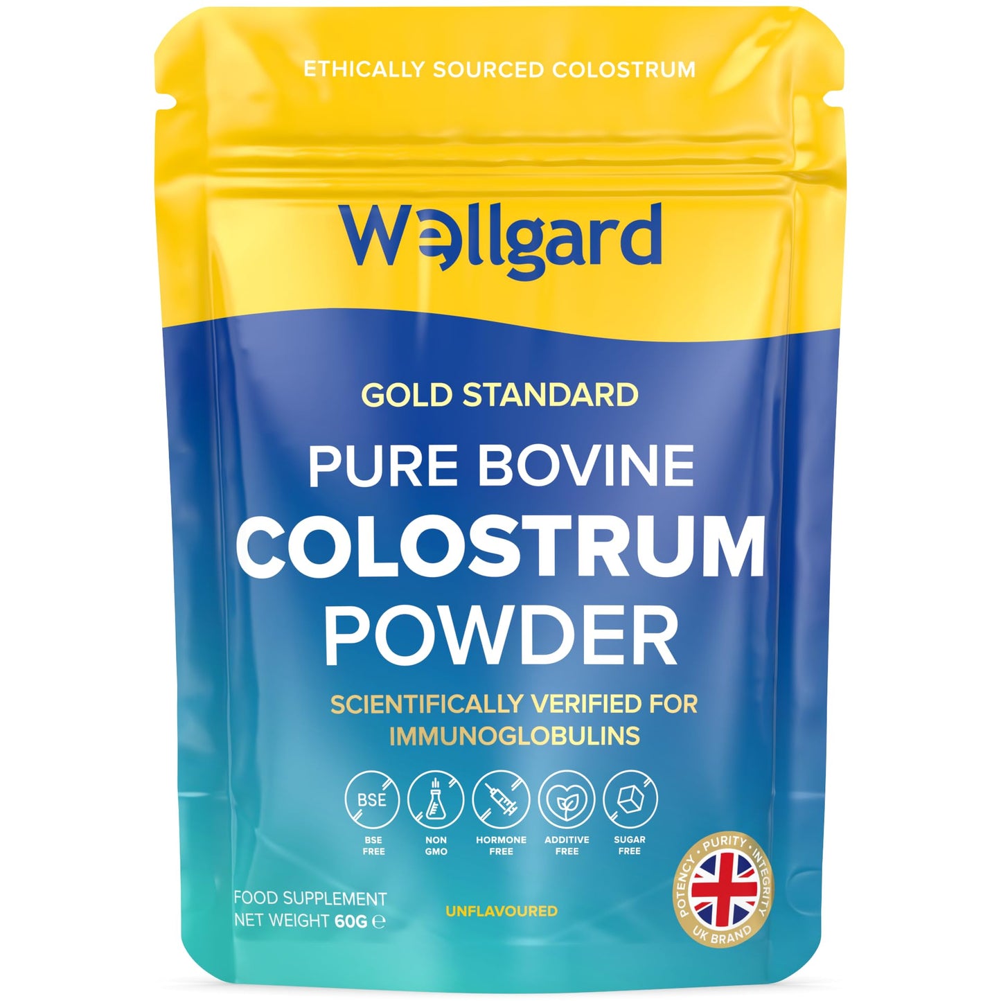 Wellgard Pure Colostrum Powder, High Levels of Immunoglobulin G (IgG), Unflavoured, GMO-Free, Hormone-Free, 60g