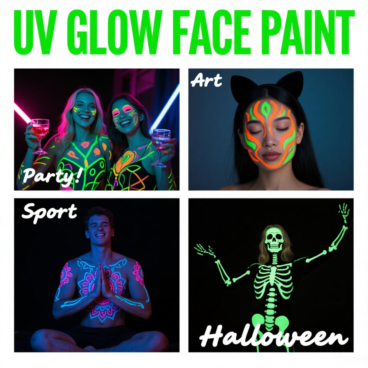 SHEBEEDO UV Face Paint Pens 8 Colours, Neon Face Paint, Glow in the Dark, FacePaint Markers, Body Art Kit - Quick Dry Washable Neon Makeup for Halloween, Festivals, Raves & Blacklight Parties