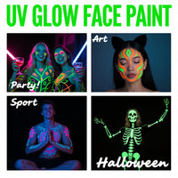 SHEBEEDO UV Face Paint Pens 8 Colours, Neon Face Paint, Glow in the Dark, FacePaint Markers, Body Art Kit - Quick Dry Washable Neon Makeup for Halloween, Festivals, Raves & Blacklight Parties