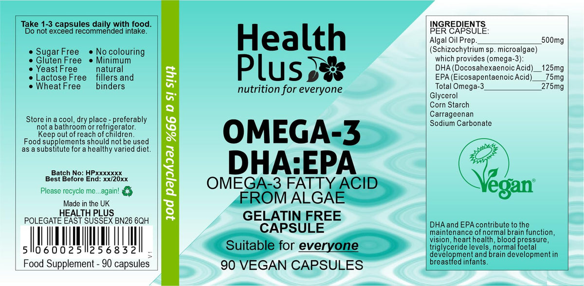 Health Plus Omega-3 DHA:EPA 500mg (Vegan) : Algal Oil Omega-3 Fatty Acid : 90 Vcaps, in a Planet-Friendly 99% Recycled Pot