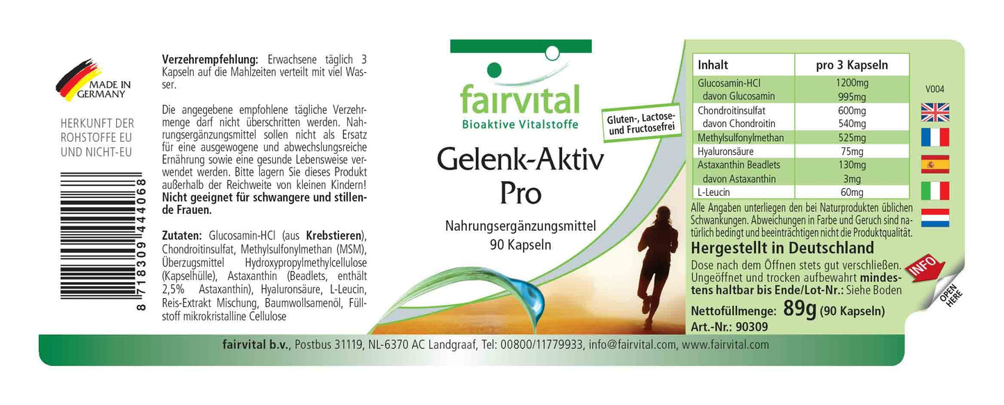 Fairvital | Arthro Active Pro - Glucosamine 1200 mg per Daily dose with chondrotin sulfate and MSM + hyaluronic Acid + astaxanthin - HIGH-Dosage - 90 Capsules - German Quality