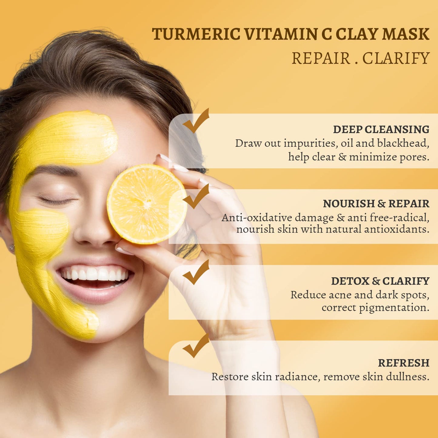 ANAiRUi Turmeric Vitamin C Clay Mask With Turmeric, Vitamin C and Kaolin clay, for Deeply Cleansing and Hydrating, Reduce Acne, Dark Spots, Blackheads, and Pores, Skincare Mask, 120g