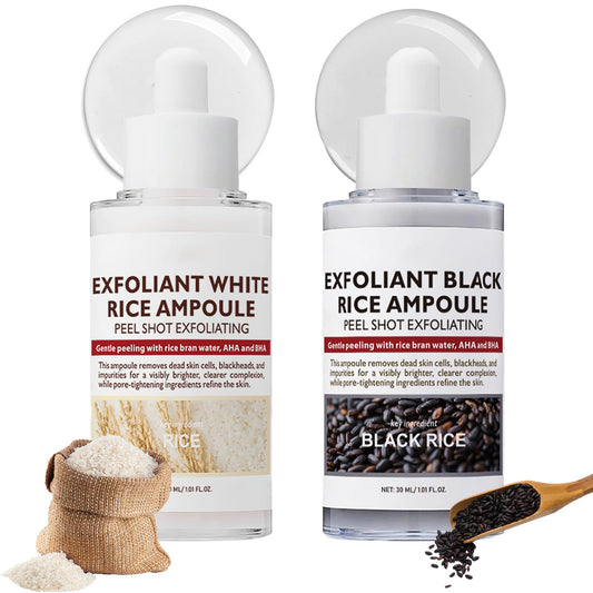 MEITREND Black and White Rice Exfoliant, 2PC Peel Shot Glow Rice Ampoule Duo White Rice + Black Rice Ampoule, Face Body Exfoliator Dead Skin Remover for All Skin Types(30ML&30ML)