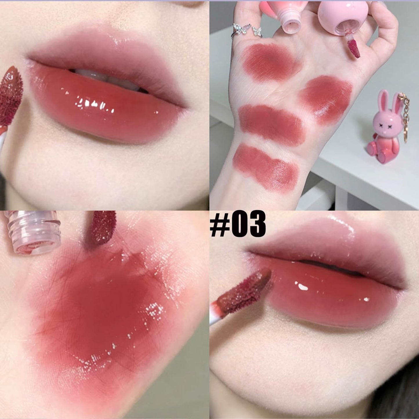Bekoeen 3Psc Rabbit Lip Gloss Keyring,Moisturising Sparkling Jelly Lip Gloss,Crystal Lip Tint Korean Chinese Makeup, Hydrating Sweet Lip Glaze Set,Cute Lipgloss Set For Girls
