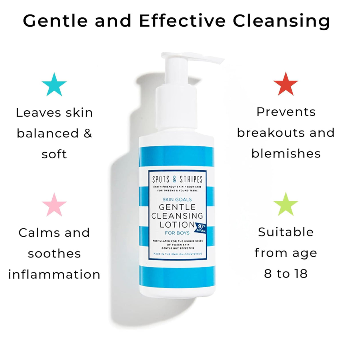 Spots & Stripes - Skin Goals Gentle Cleansing Lotion for Boys, the Perfect Starter Face Wash for Teen and Young Skin, with Virgin Coconut, Kukui and Chamomile, Super-Gentle, Combats Blemishes (150ml)