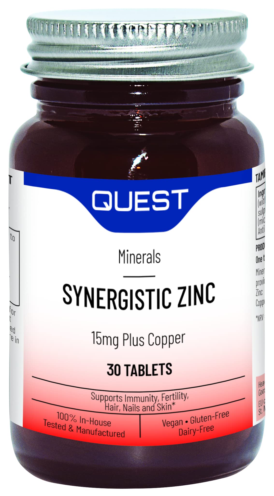Quest Synergistic Zinc 15mg (30 Tablets) - Zinc & Copper Supplement for Immune Support, Fertility, Hair Care, Nail Care & Skin Care. High Strength Minerals with Optimum Absorption & Utilisation