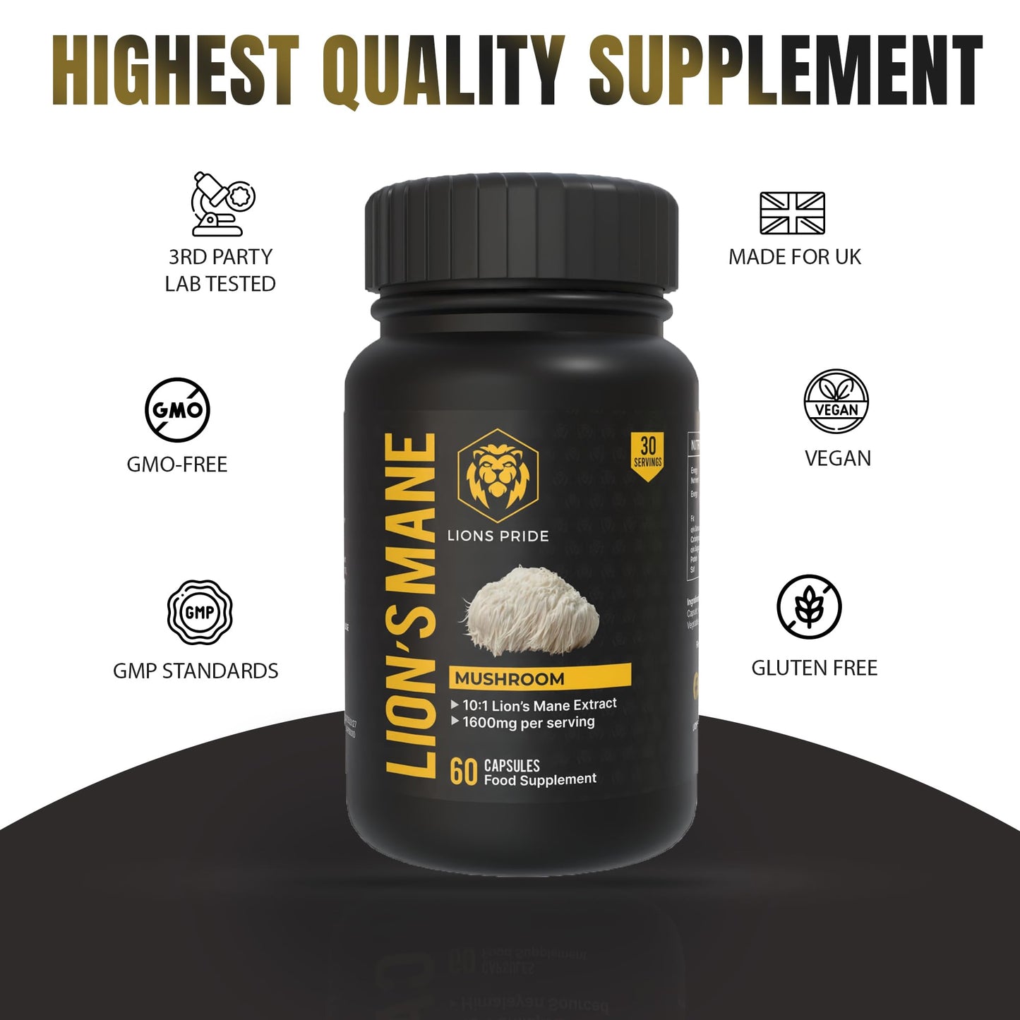Lion's Pride Lions Pride Lions Mane Capsules, Food Supplement 10:1 Extract, High Strength Mushroom Powder, 60 Capsules