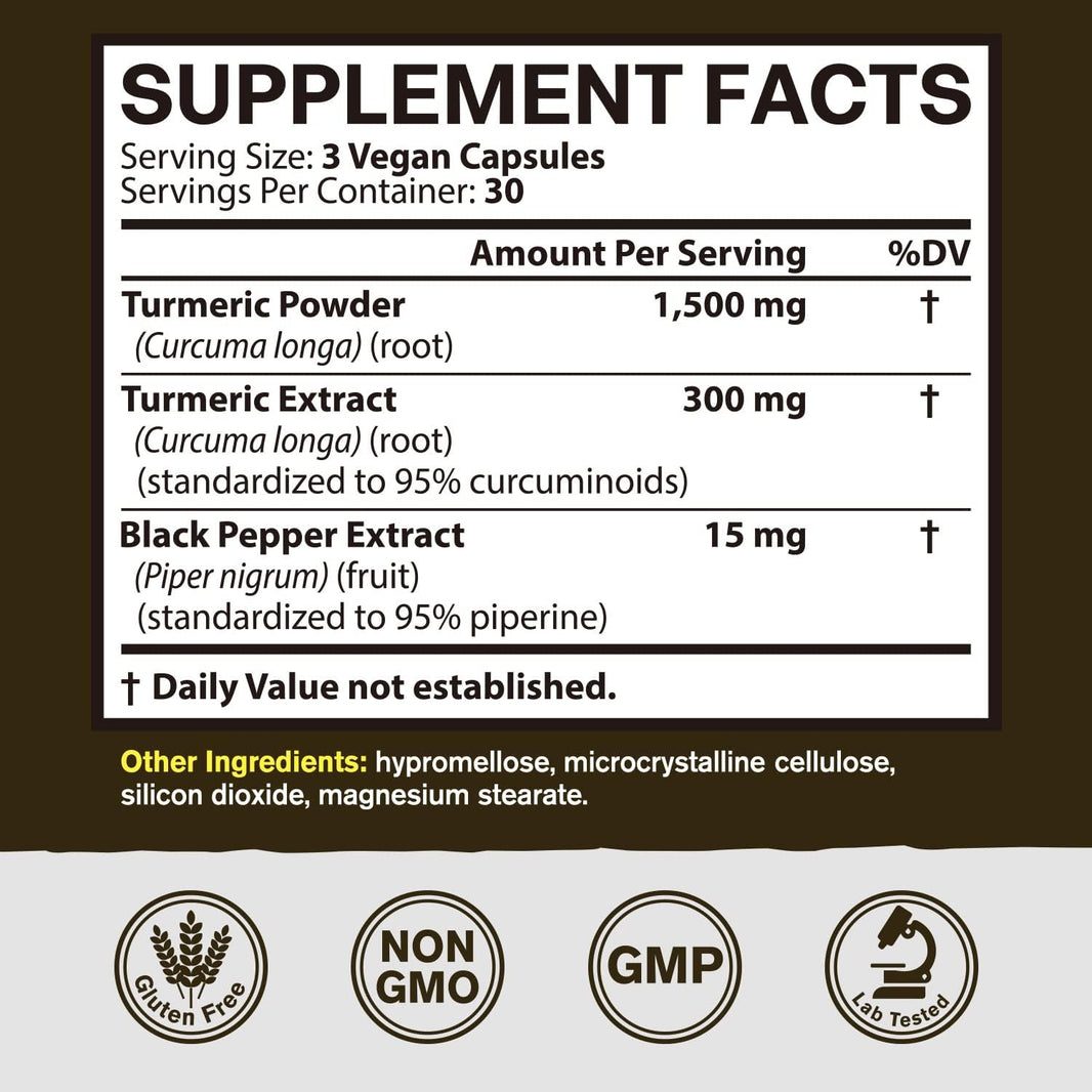 Turmeric Curcumin 1800mg, 95% Curcuminoids for Potency, Superior Absorption with Black Pepper Extract, Raw Whole Root,90 Veggie Caps