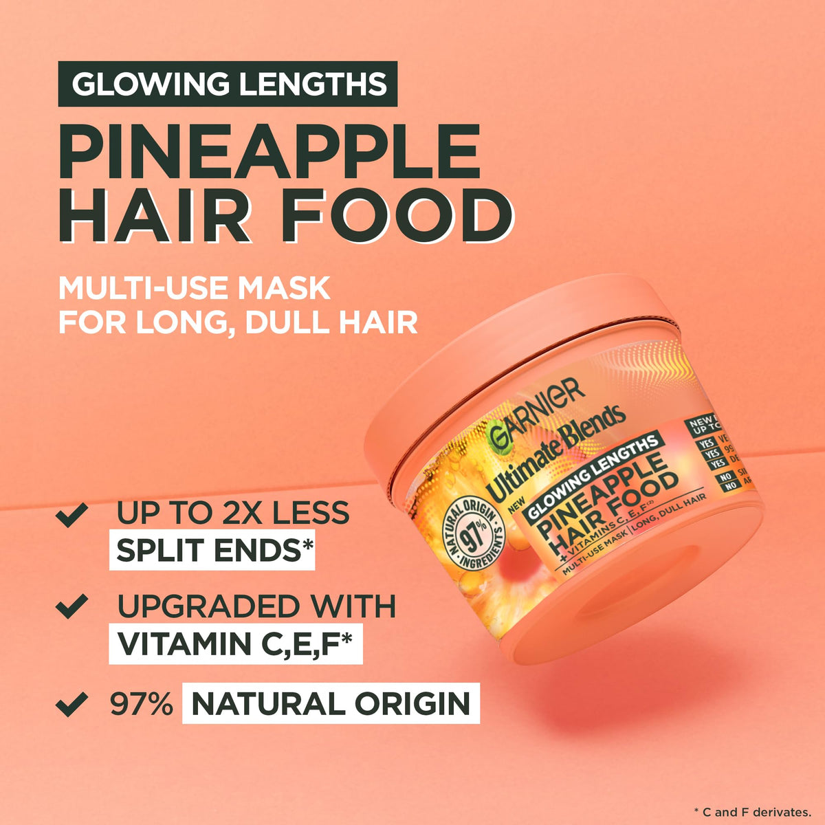 Garnier Ultimate Blends Pineapple Hair Food Multi-Use Mask, Glowing Lengths for Fine Hair, Up to 2X Less Split Ends, Boosted with Vitamins C, E, F, 400ml, No Artificial Colorants, Cruelty Free, Vegan
