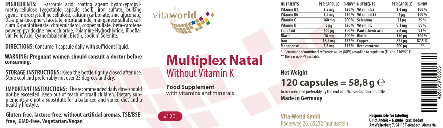 Vita World Multivitamin Without Vitamin K l 120 Capsules l Without Iodine and Without Vitamin K l Vegan