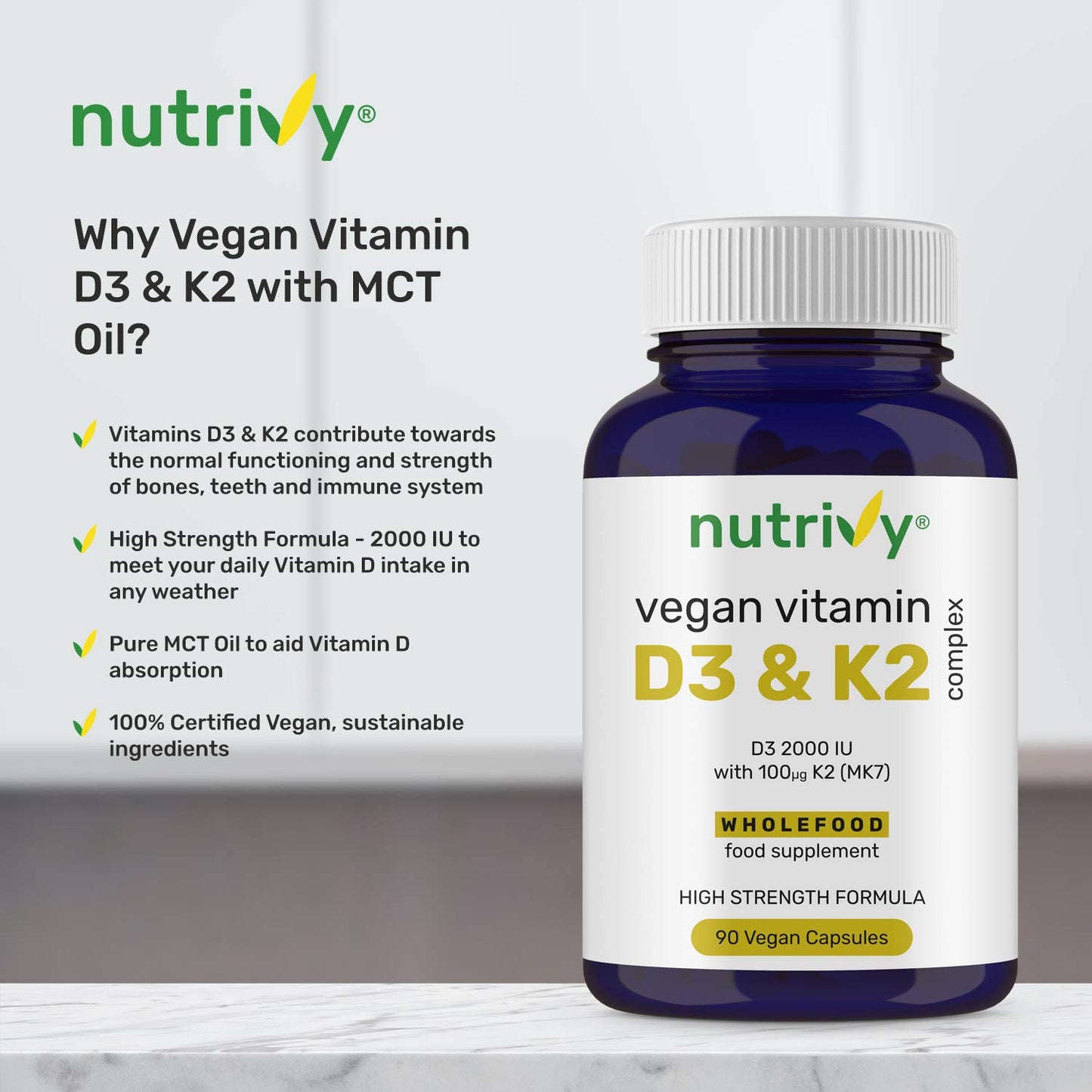 Vegan Vitamin D3 K2 Capsules, 2000 IU, High Strength Vitamin D with 100mcg Vitamin K2 MK7 & MCT Oil, Highly Absorbed, Easy to Swallow, One a Day, Cholecalciferol, 90 Vegan Capsule, Made in UK