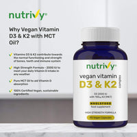 Vegan Vitamin D3 K2 Capsules, 2000 IU, High Strength Vitamin D with 100mcg Vitamin K2 MK7 & MCT Oil, Highly Absorbed, Easy to Swallow, One a Day, Cholecalciferol, 90 Vegan Capsule, Made in UK