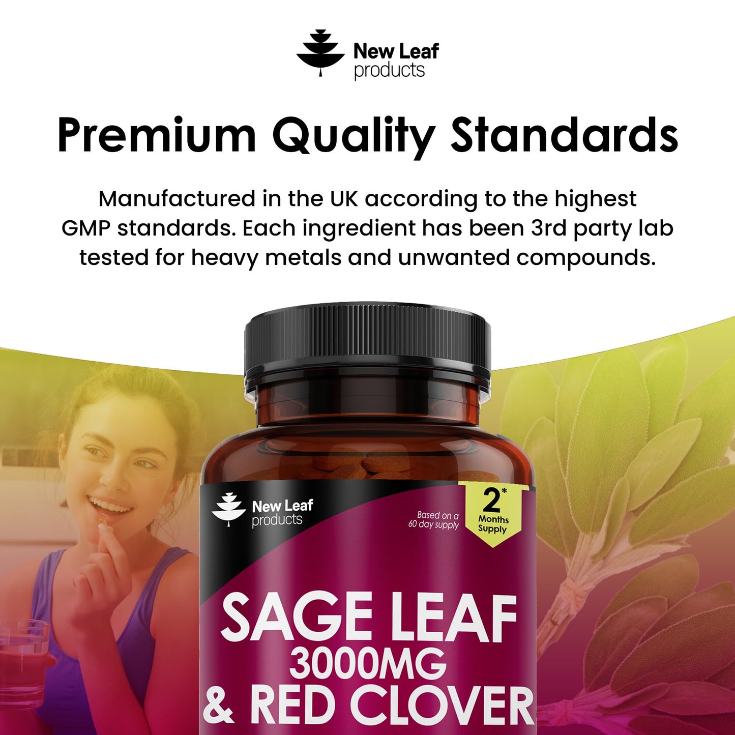 NEW LEAF PRODUCTS Sage Leaf & Red Clover Tablets for Menopause - 3000mg High Strength Perimenopause Supplements with Sage Leaf and Red Clover Menopause Supplements - Vegan Sage 120 Tablets Made in UK by New Leaf