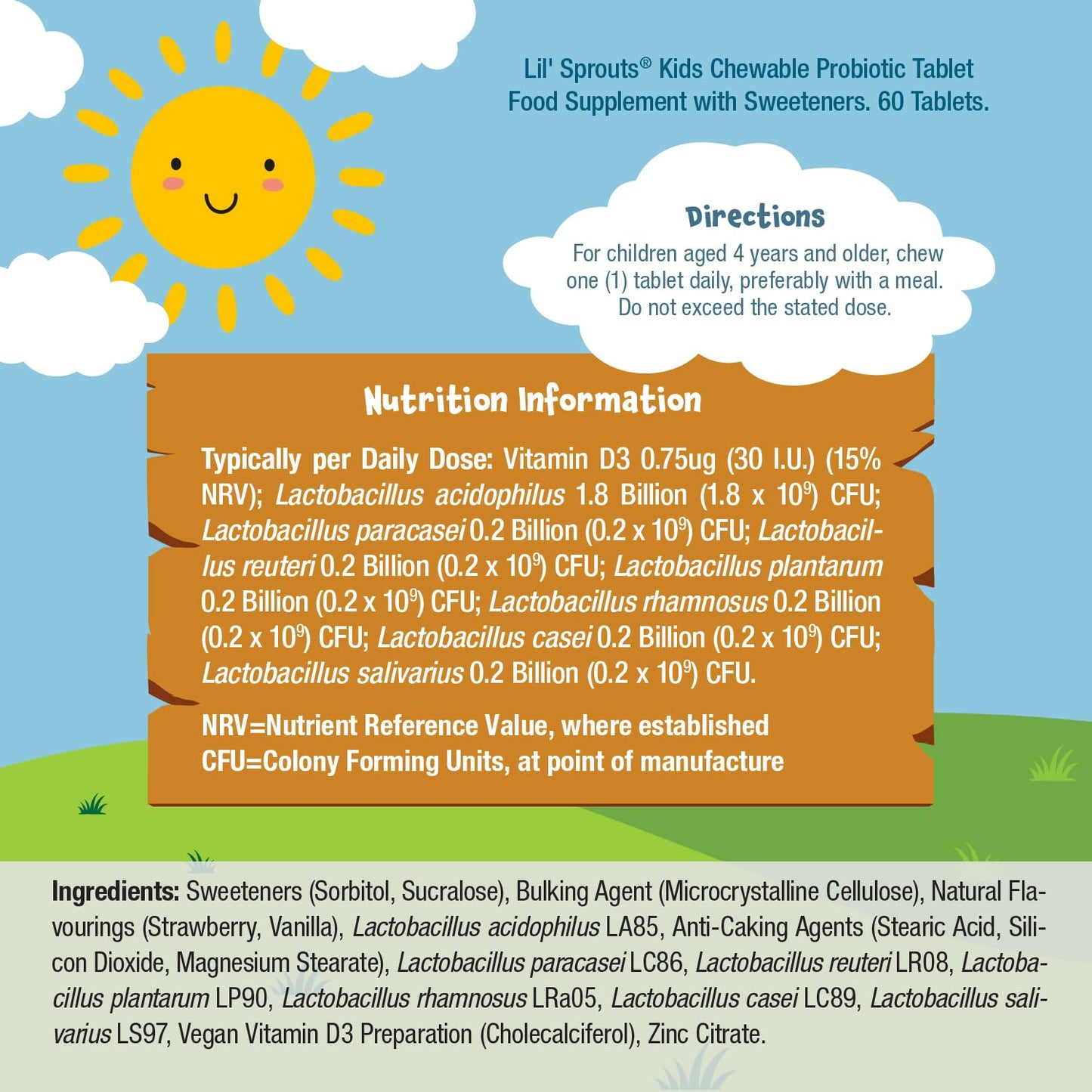 Kids Probiotics 3 Billion CFU | 60 Vegan Chewable Tablets | Natural Strawberry and Vanilla Flavour | Multi-Strain with Lactobacillus and Acidophilus | No Artificial Preservatives | by Lil' Sprouts
