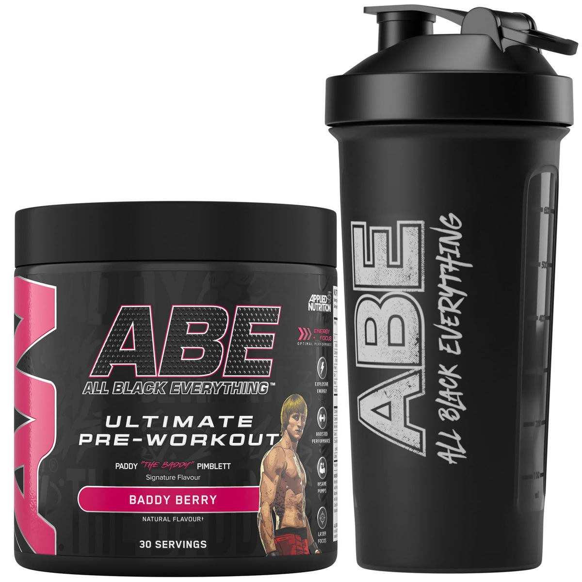Applied Nutrition Bundle ABE Pre Workout 375g + ABE Black Shaker 700ml | All Black Everything Pre Workout Powder, Energy Drink, Physical Performance, Creatine, Beta Alanine, Caffeine (Baddy Berry)