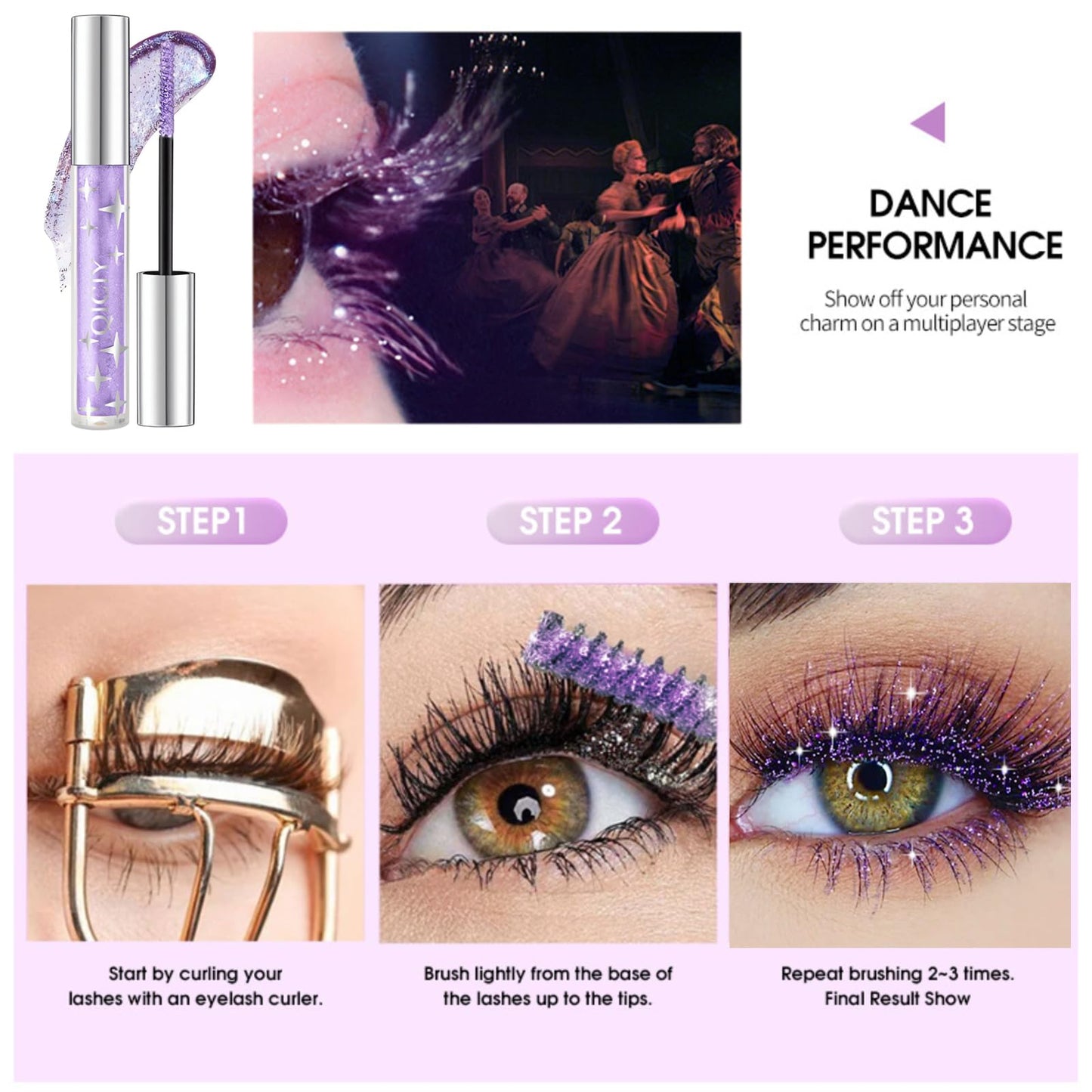 RUICHING Glitter Mascara, Purple Mascara Eye Glitter for Eyelashes, Diamond Shiny Colored Mascara, Long Lasting Smudgeproof Waterproof Sparkling Mascara Eye Make-Up Gift for Women