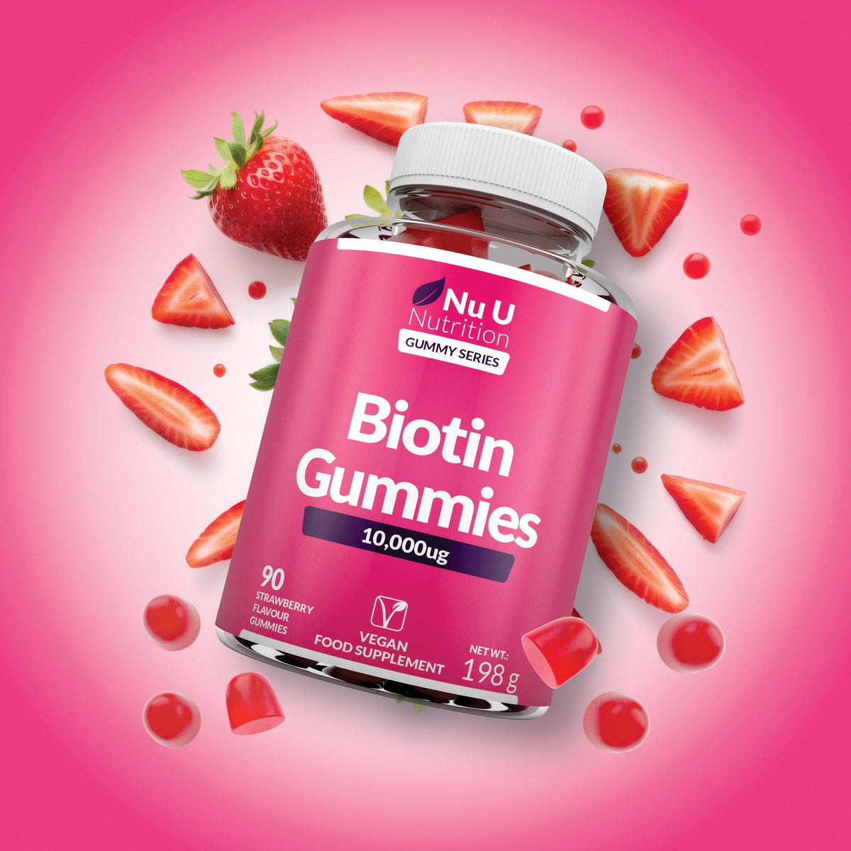 Biotin Hair Gummies 10,000mcg - 90 Vegan Gummies - Delicious Strawberry Flavour - Chewable Vitamin B7 Hair Vitamins - Gelatine Free - Made in the UK - Nu U Nutrition