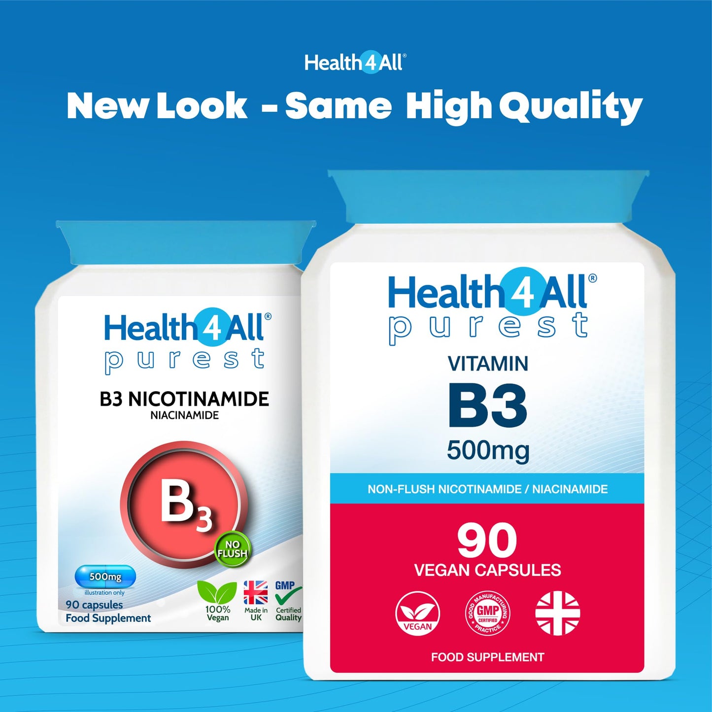 Health4All Vitamin B3 Niacin as Nicotinamide (Niacinamide) 500mg 90 Capsules, Purest, No Additives, Vegan, Gluten Free No-Flush Niacin VitB3 Capsules | Made in UK