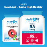 Health4All Vitamin B3 Niacin as Nicotinamide (Niacinamide) 500mg 90 Capsules, Purest, No Additives, Vegan, Gluten Free No-Flush Niacin VitB3 Capsules | Made in UK