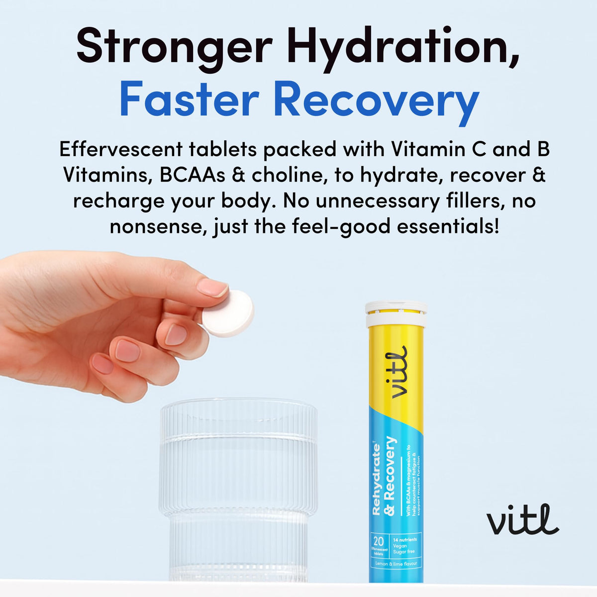 VITL Vitl Rehydrate & Recovery Effervescent Tablets | Hydration & Muscle Recovery with BCAAs, Choline, Vitamin C, B Vitamins & Magnesium | Lemon & Lime Flavour (20 Tablets)