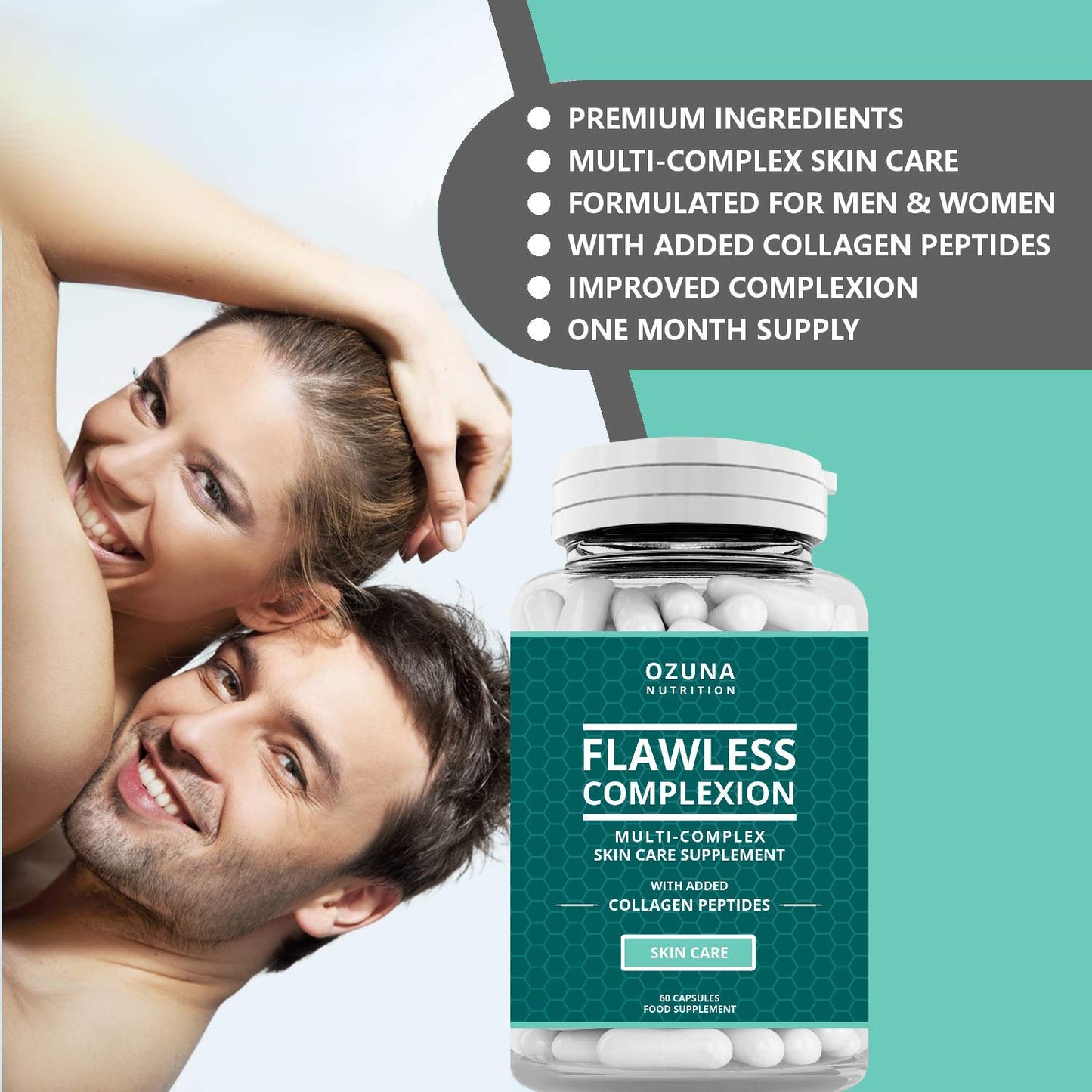 OZUNA NUTRITION Flawless Clear Skin Supplement - Glowing Complexion | Multi-Complex Capsules with Collagen Peptides | for Women & Men | One Month Supply