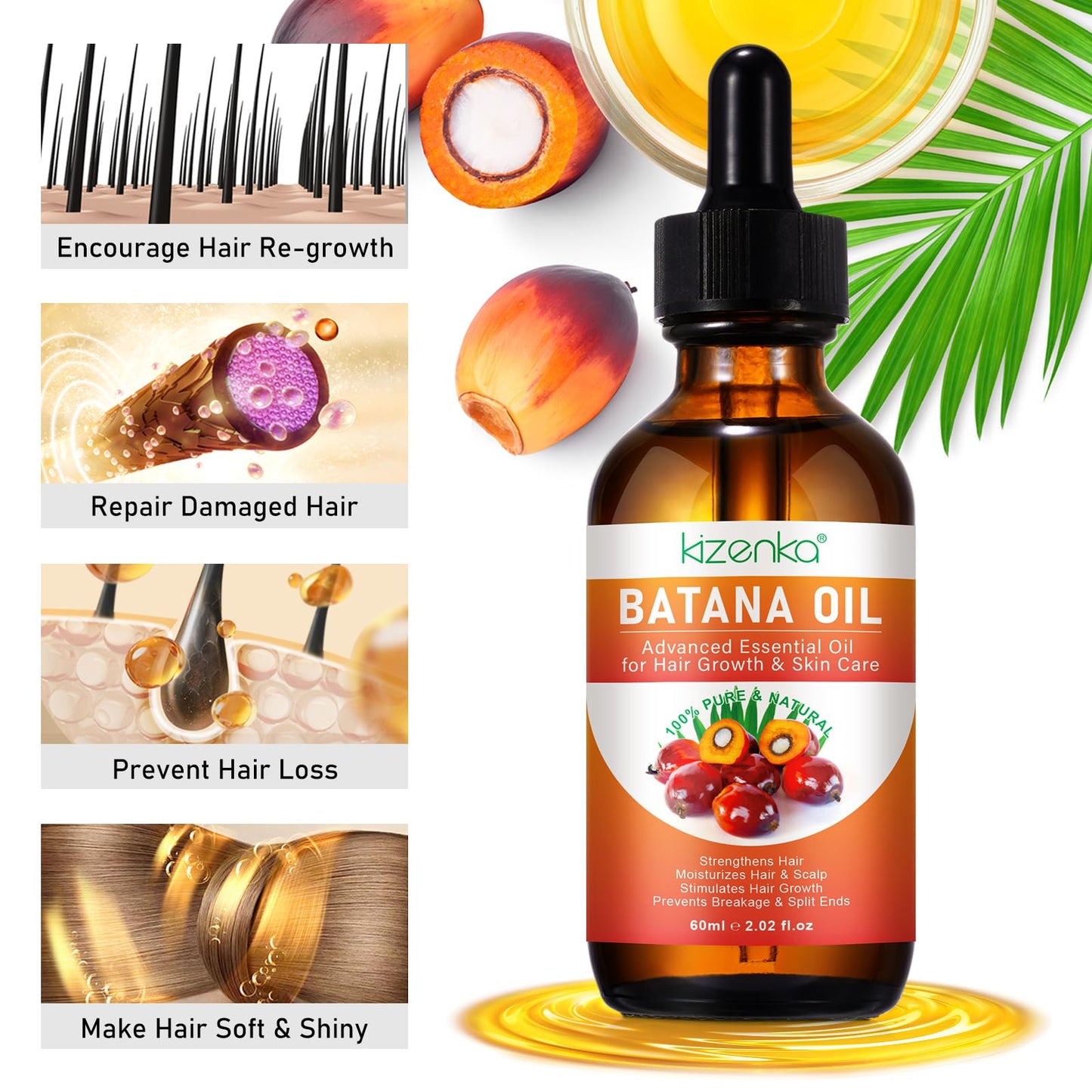 OBNOSWLPJMN Batana Oil for Hair Growth 60ml,100% Pure & Natural Batana Oil for Healthier Thicker Fuller Hair,Eliminate Hair Split Ends, Prevents Hair Loss & Breakage & Skin for Men & Women 60ml (120ml)