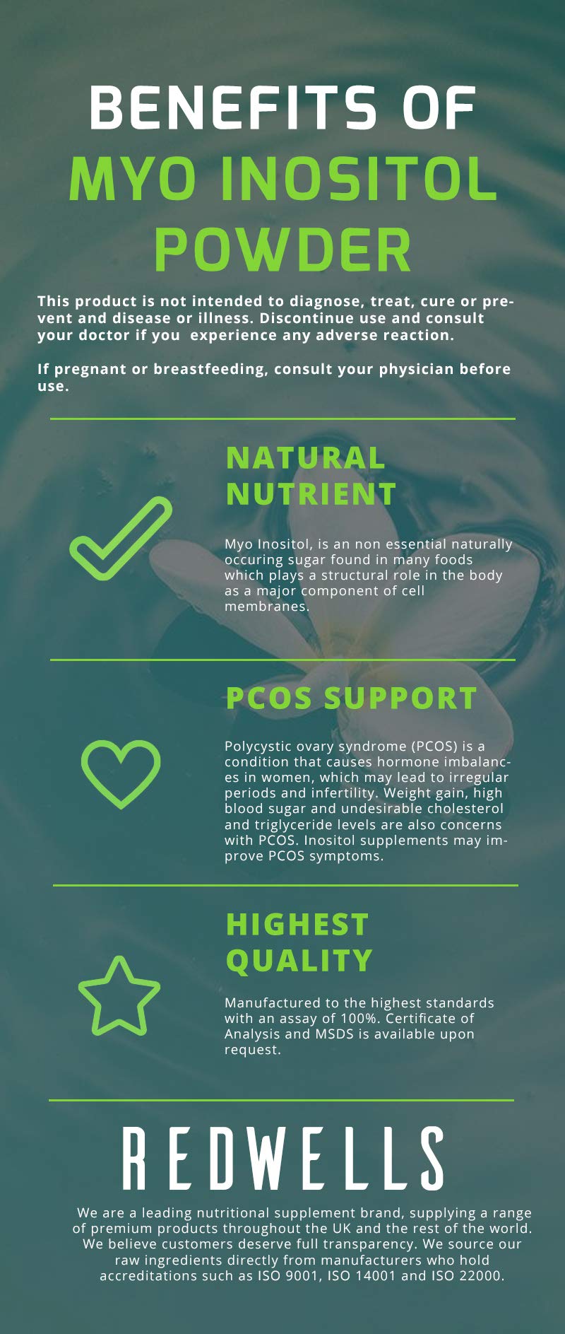 Myo Inositol Powder REDWELLS PCOS & Fertility GMO Free Vegan - 500g Pack
