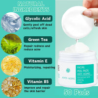 Trendyfave 50 Pads Anti-Aging Glycolic Acid Resurfacing Pads 35%, Glycolic Acid Pads for Face and Body, Exfoliating Face Pads with Vitamins B5, C & E, Green Tea, Glycolic Acid Face Wash for Cleansing Peeling