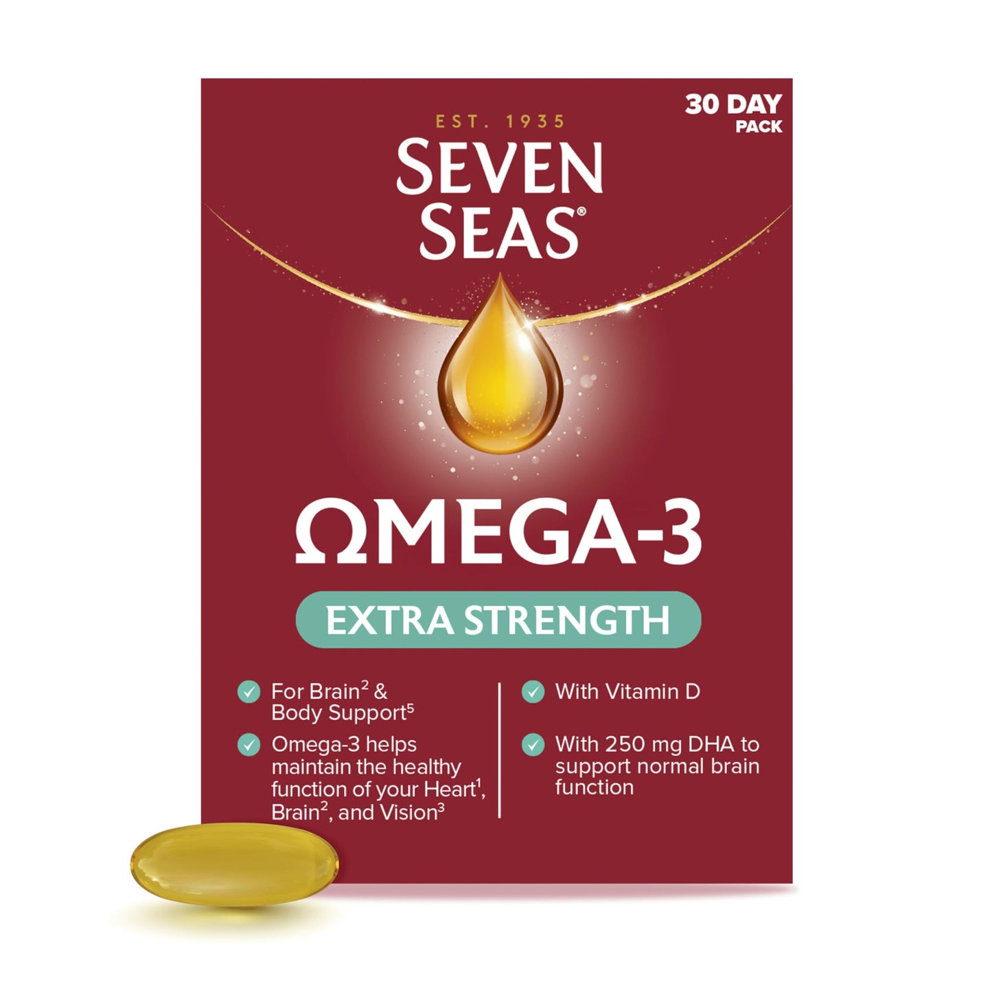 SEVEN SEAS Seven Seas Omega-3 Fish Oil, Extra Strength, Omega 3 plus Vitamin D For Whole Body Healthplus, 30 One-A-Day Capsules, 1 Month Supply