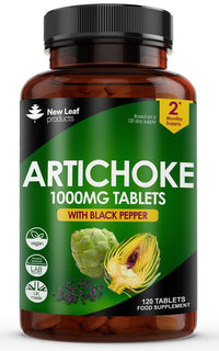 NEW LEAF PRODUCTS Artichoke Extract Tablets - 120 High Strength Artichoke Extract Tablets Enriched with Black Pepper - Artichoke Supplements No Inulin or Leaf Fibre - 5% Cynarin - 1000mg Made in UK