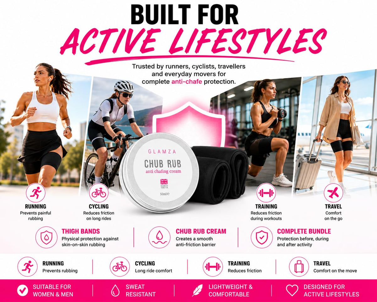 Glamza Chamois Cream GLAMZA ‘Chub Rub’ Anti Chafing Cream & Pair of Thigh Bands for Men & Women - Prevents Chaffing for Cyclists, Runners and More 50ml (Size E (62-70cm))