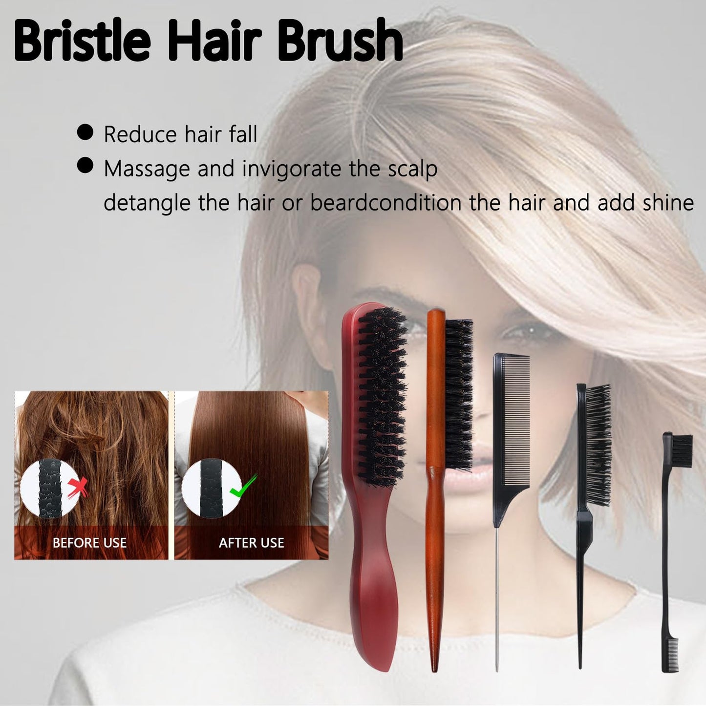 STIFFENERS 5-Pack Slick Back & Teasing Brush - Men's Beard & Hair Styling Brush for Thin or Thick Hair