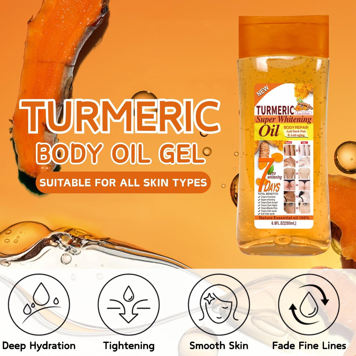 Cureluxe Turmeric Essential Oils - Turmeric & Vitamin E Oil - Anti-Aging & Anti Wrinkles Body Oil for Women - Deeply Nourishing Body Oil for Dry Skin - Body&Facial Oils Gel - Turmeric Massage Oils